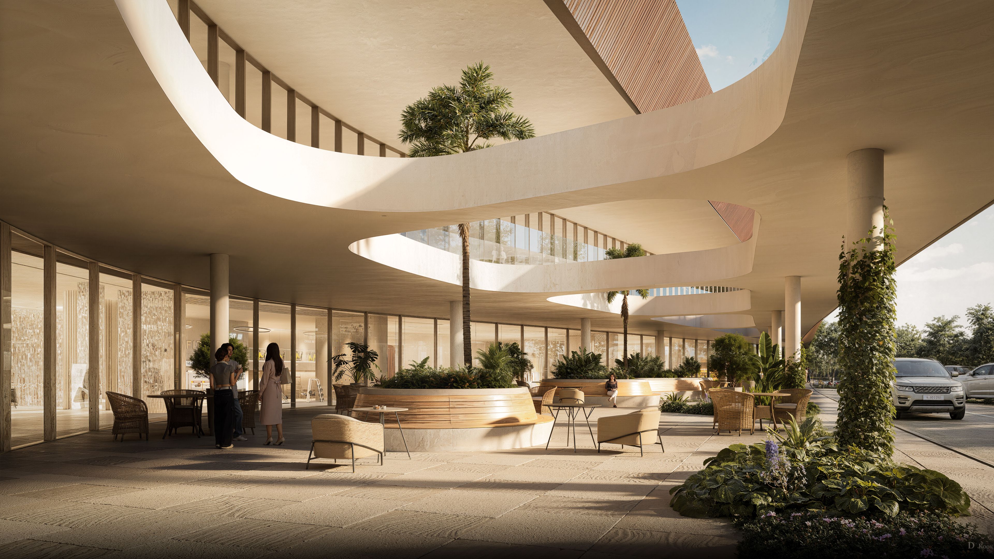 Plaza techada con áreas de estar